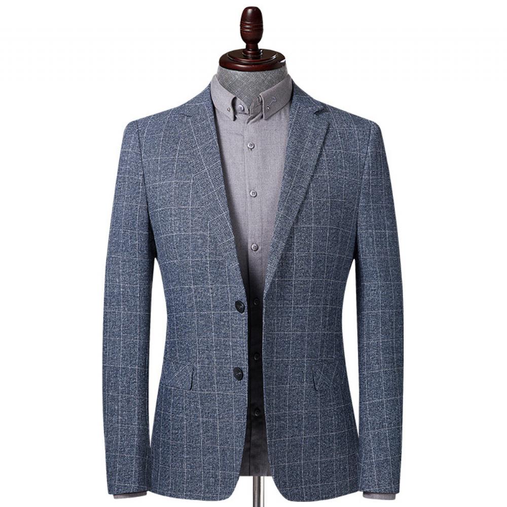 Puku Kevät Syksy Miesten Rento Slim Fit Sininen Harmaa Ruudullinen Takki
