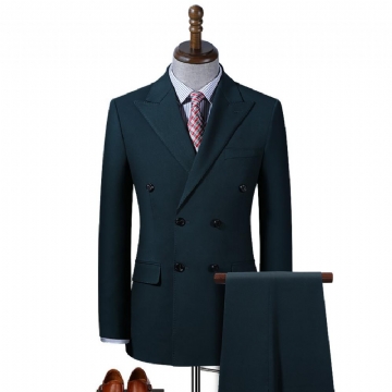 Miesten Puku Business Casual Ohut Tummanvihreä Kaksirivinen Kaksiosainen Brittiläinen Juhlapuku Kolmiosainen